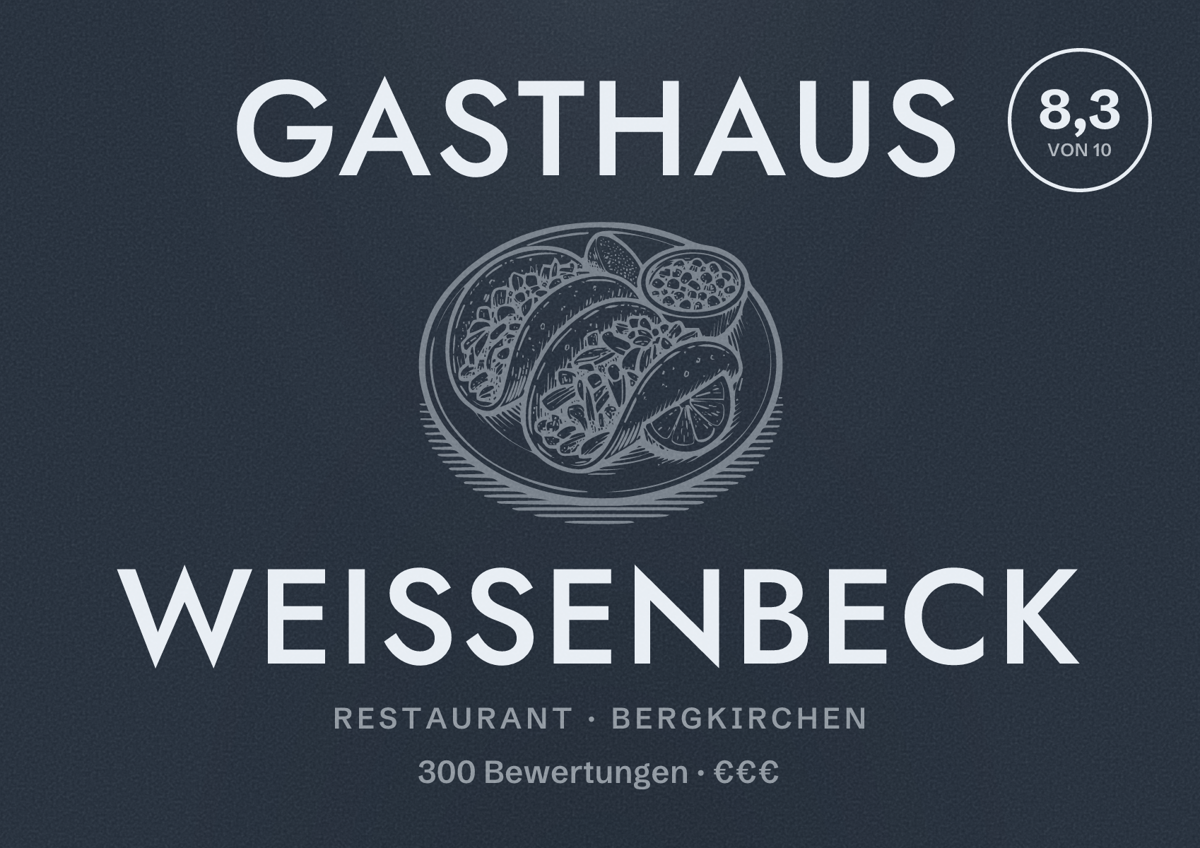 Illustriertes Poster von Gasthaus Weißenbeck, Restaurant in Bergkirchen: Bewertung 8,3 von 10 aus 300 Bewertungen, Preisniveau €€€