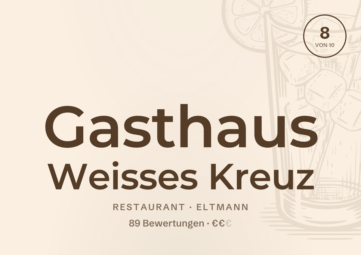 Illustriertes Poster von Gasthaus Weisses Kreuz, Restaurant in Eltmann: Bewertung 8 von 10 aus 89 Bewertungen, Preisniveau €€