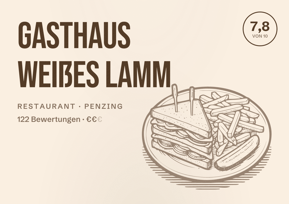 Illustriertes Poster von Gasthaus Weißes Lamm, Restaurant in Penzing: Bewertung 7,8 von 10 aus 122 Bewertungen, Preisniveau €€