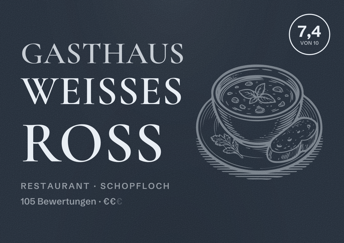 Illustriertes Poster von Gasthaus Weißes Roß, Restaurant in Schopfloch: Bewertung 7,4 von 10 aus 105 Bewertungen, Preisniveau €€