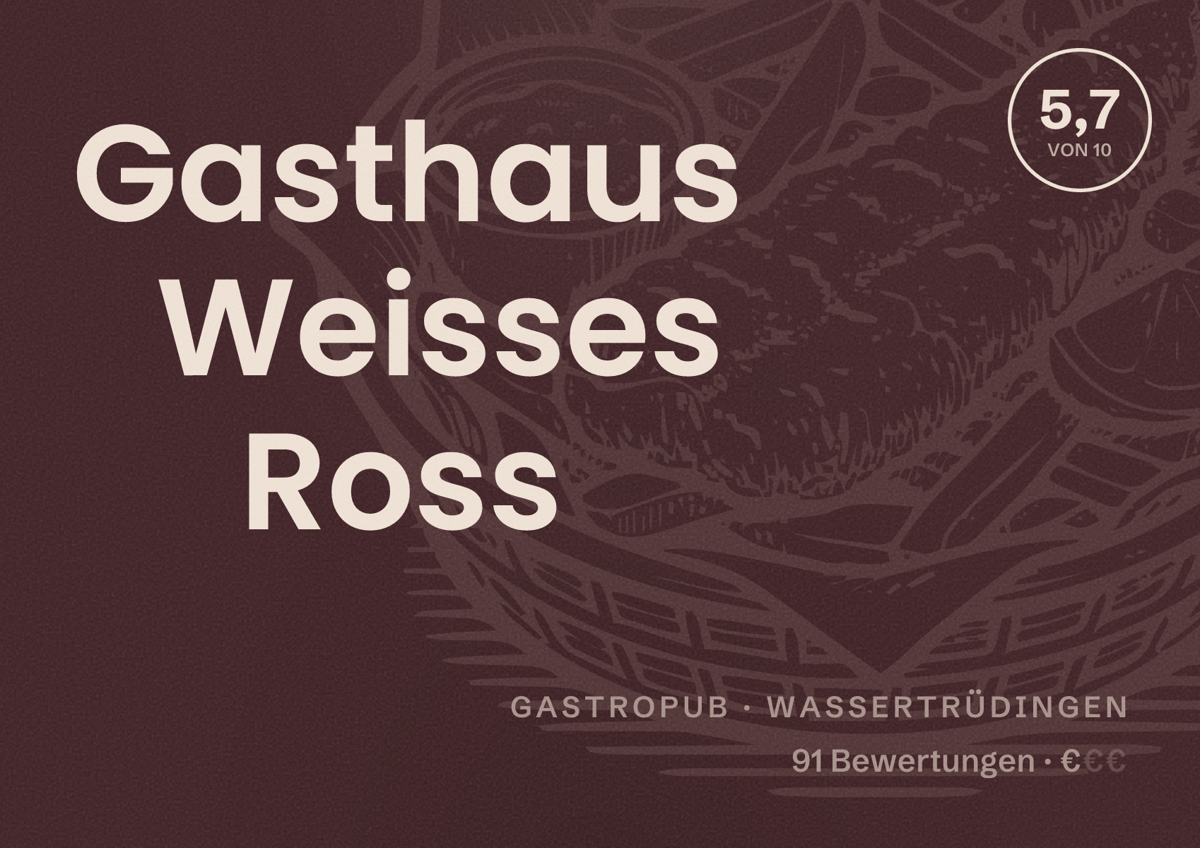 Illustriertes Poster von Gasthaus Weisses Ross, Gastropub in Wassertrüdingen: Bewertung 5,7 von 10 aus 91 Bewertungen, Preisniveau €