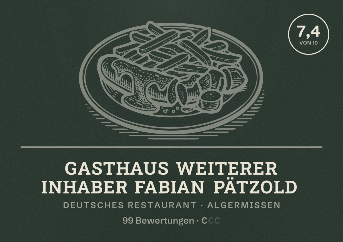 Illustriertes Poster von Gasthaus Weiterer Inhaber Fabian Pätzold, Deutsches Restaurant in Algermissen: Bewertung 7,4 von 10 aus 99 Bewertungen, Preisniveau €