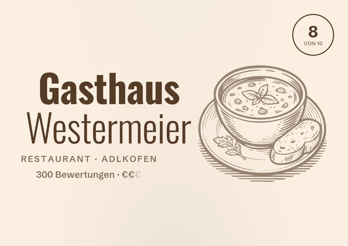 Illustriertes Poster von Gasthaus Westermeier, Restaurant in Adlkofen: Bewertung 8 von 10 aus 300 Bewertungen, Preisniveau €€