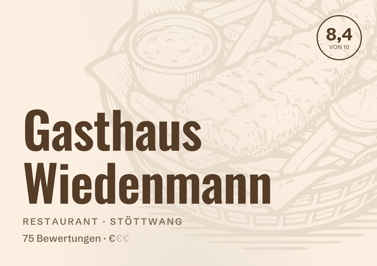 Illustriertes Poster von Gasthaus Wiedenmann, Restaurant in Stöttwang: Bewertung 8,4 von 10 aus 75 Bewertungen, Preisniveau €