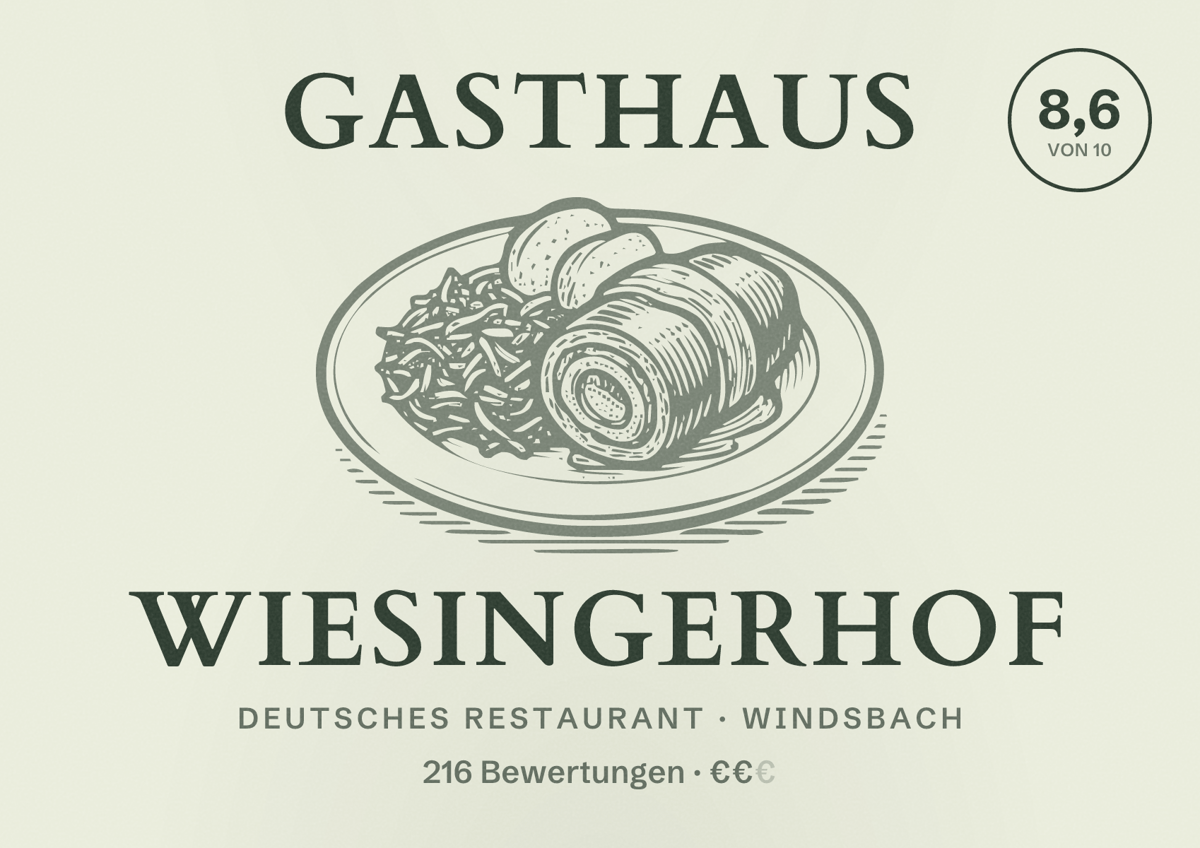 Illustriertes Poster von Gasthaus Wiesingerhof, Deutsches Restaurant in Windsbach: Bewertung 8,6 von 10 aus 216 Bewertungen, Preisniveau €€