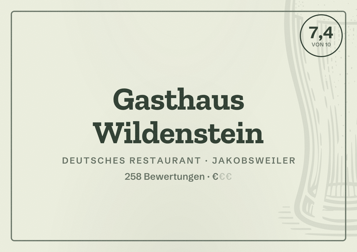 Illustriertes Poster von Gasthaus Wildenstein, Deutsches Restaurant in Jakobsweiler: Bewertung 7,4 von 10 aus 258 Bewertungen, Preisniveau €