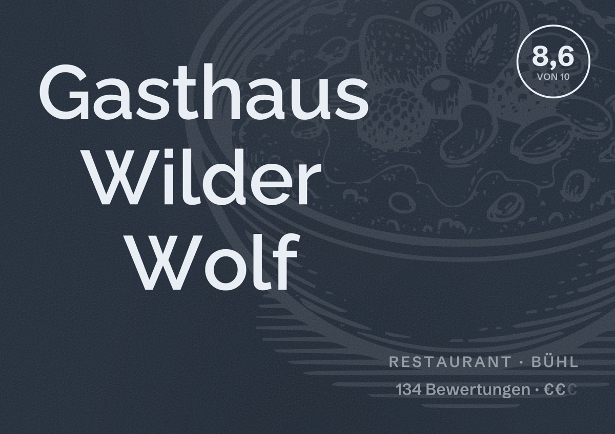 Illustriertes Poster von Gasthaus Wilder Wolf, Restaurant in Bühl: Bewertung 8,6 von 10 aus 134 Bewertungen, Preisniveau €€