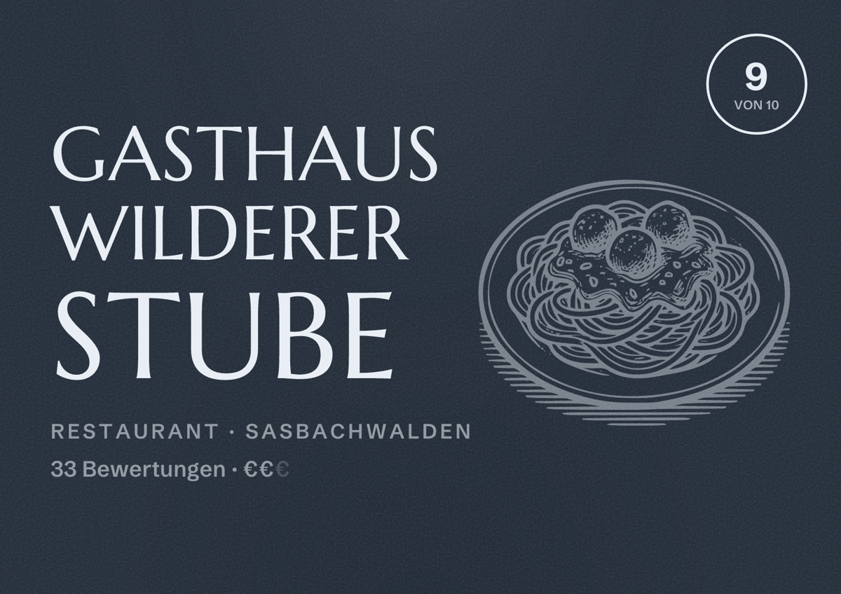 Illustriertes Poster von Gasthaus Wilderer Stube, Restaurant in Sasbachwalden: Bewertung 9 von 10 aus 33 Bewertungen, Preisniveau €€