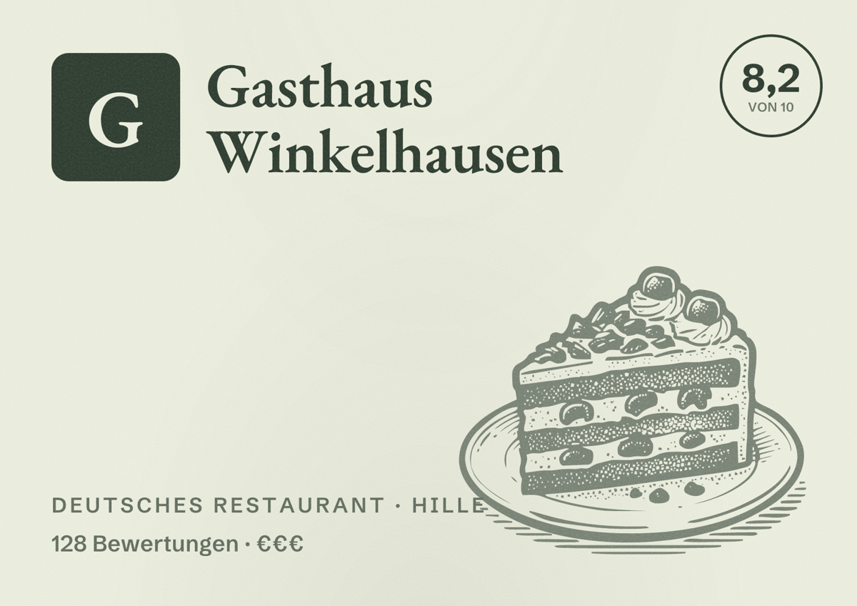 Illustriertes Poster von Gasthaus Winkelhausen, Deutsches Restaurant in Hille: Bewertung 8,2 von 10 aus 128 Bewertungen, Preisniveau €€€