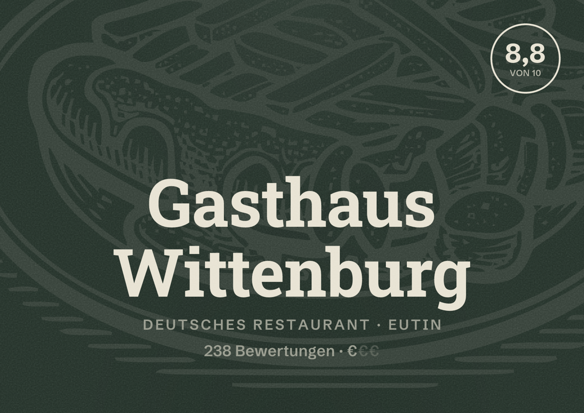 Illustriertes Poster von Gasthaus Wittenburg, Deutsches Restaurant in Eutin: Bewertung 8,8 von 10 aus 238 Bewertungen, Preisniveau €