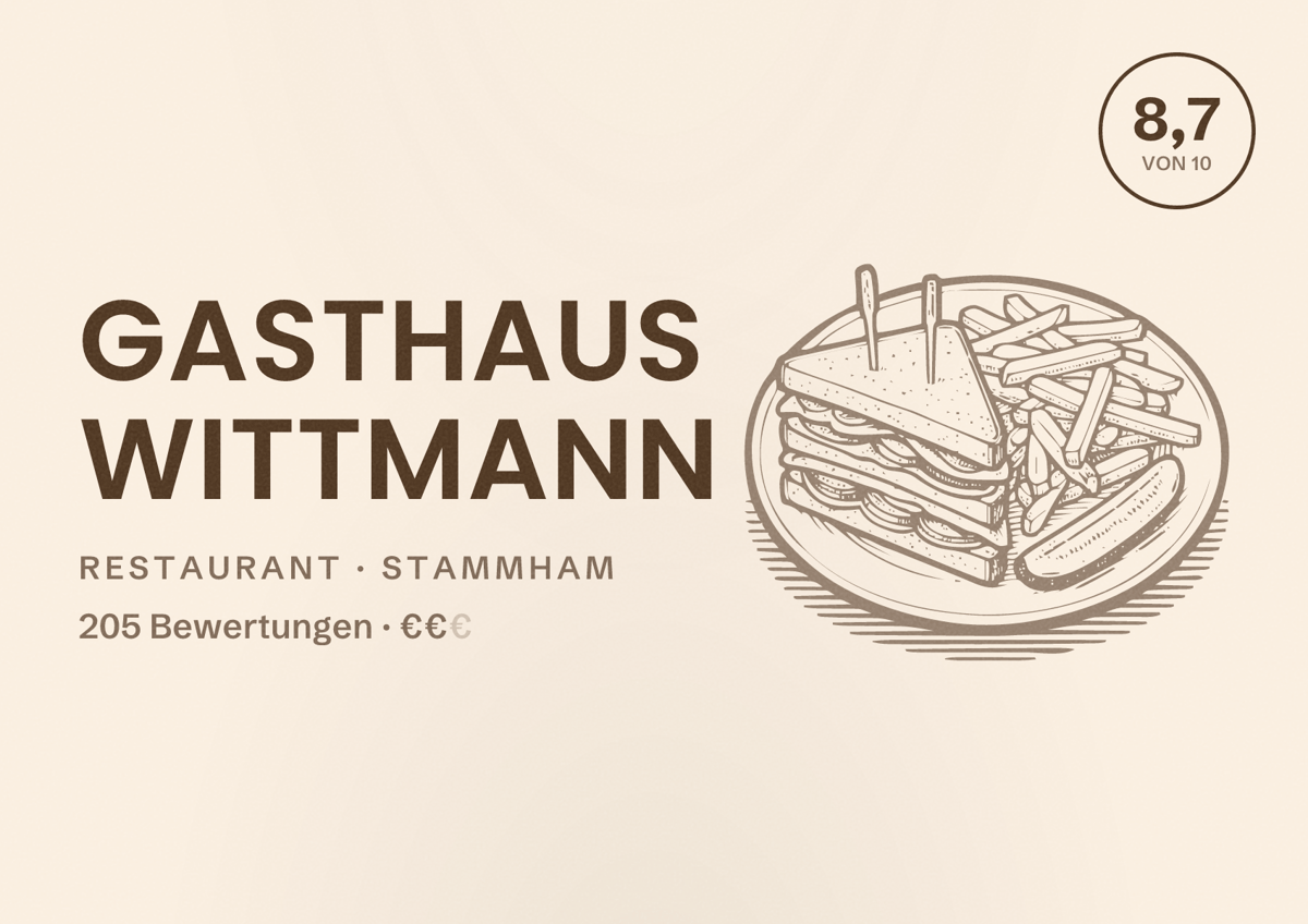 Illustriertes Poster von Gasthaus Wittmann, Restaurant in Stammham: Bewertung 8,7 von 10 aus 205 Bewertungen, Preisniveau €€