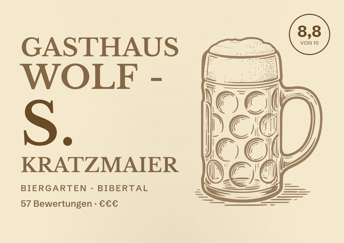 Illustriertes Poster von Gasthaus Wolf - S. Kratzmaier, Biergarten in Bibertal: Bewertung 8,8 von 10 aus 57 Bewertungen, Preisniveau €€€