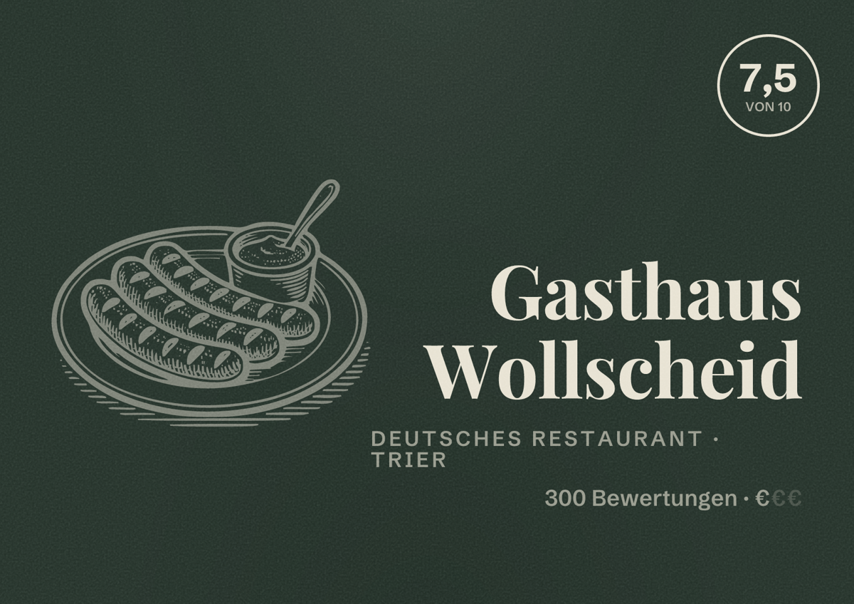 Illustriertes Poster von Gasthaus Wollscheid, Deutsches Restaurant in Trier: Bewertung 7,5 von 10 aus 300 Bewertungen, Preisniveau €
