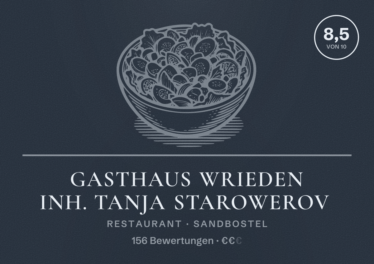 Illustriertes Poster von Gasthaus Wrieden Inh. Tanja Starowerov, Restaurant in Sandbostel: Bewertung 8,5 von 10 aus 156 Bewertungen, Preisniveau €€