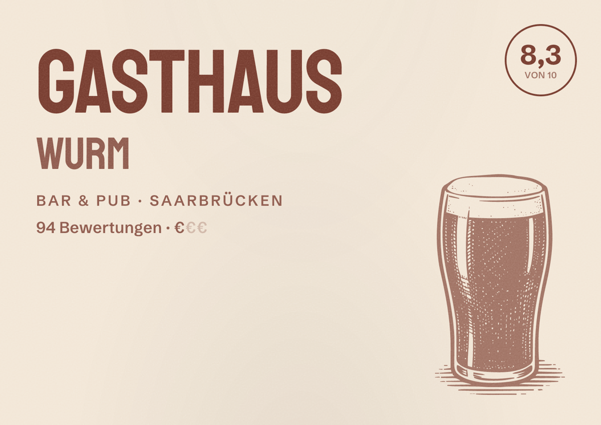 Illustriertes Poster von Gasthaus WURM, Bar & Pub in Saarbrücken: Bewertung 8,3 von 10 aus 94 Bewertungen, Preisniveau €
