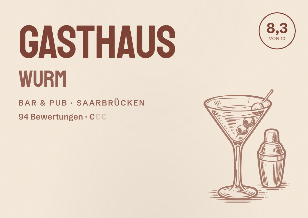 Illustriertes Poster von Gasthaus WURM, Bar & Pub in Saarbrücken: Bewertung 8,3 von 10 aus 94 Bewertungen, Preisniveau €