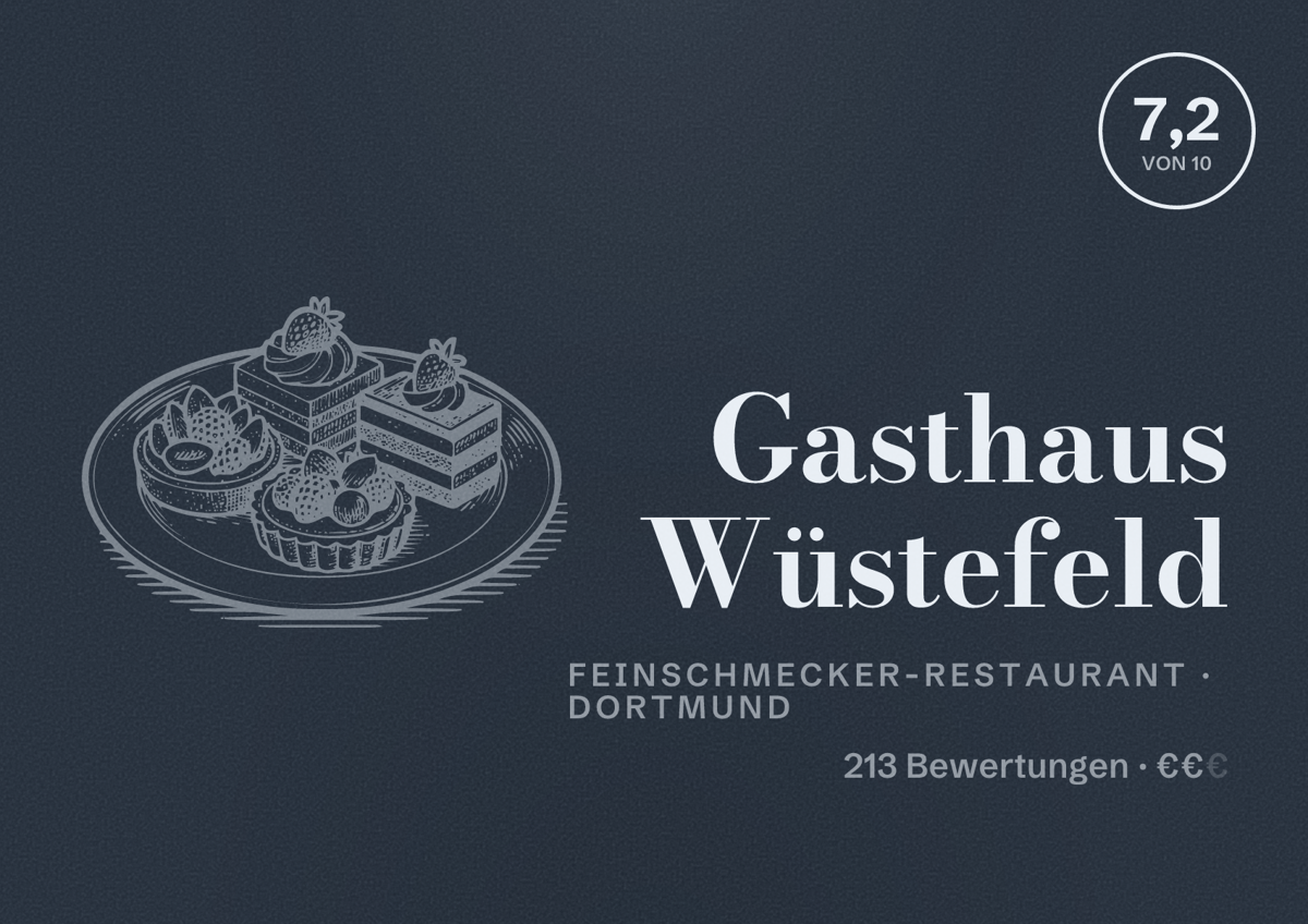 Illustriertes Poster von Gasthaus Wüstefeld, Feinschmecker-Restaurant in Dortmund: Bewertung 7,2 von 10 aus 213 Bewertungen, Preisniveau €€