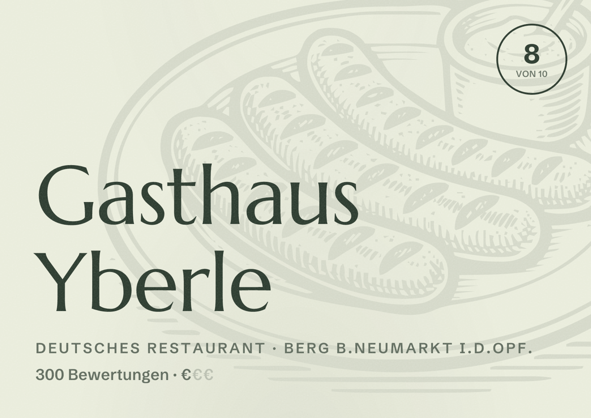 Illustriertes Poster von Gasthaus Yberle, Deutsches Restaurant in Berg b.Neumarkt i.d.OPf.: Bewertung 8 von 10 aus 300 Bewertungen, Preisniveau €