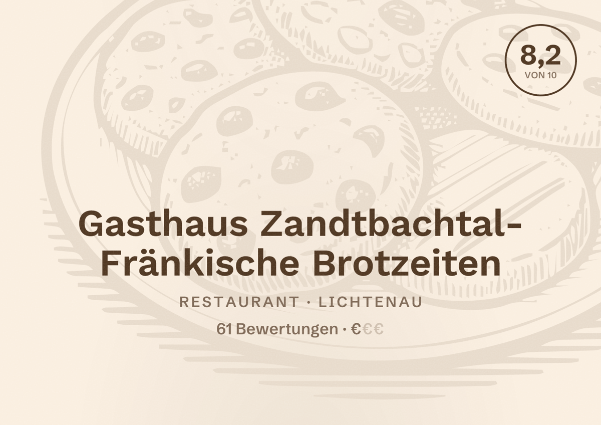 Illustriertes Poster von Gasthaus Zandtbachtal- Fränkische Brotzeiten, Restaurant in Lichtenau: Bewertung 8,2 von 10 aus 61 Bewertungen, Preisniveau €