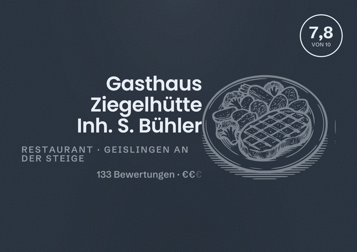 Illustriertes Poster von Gasthaus Ziegelhütte Inh. S. Bühler, Restaurant in Geislingen an der Steige: Bewertung 7,8 von 10 aus 133 Bewertungen, Preisniveau €€
