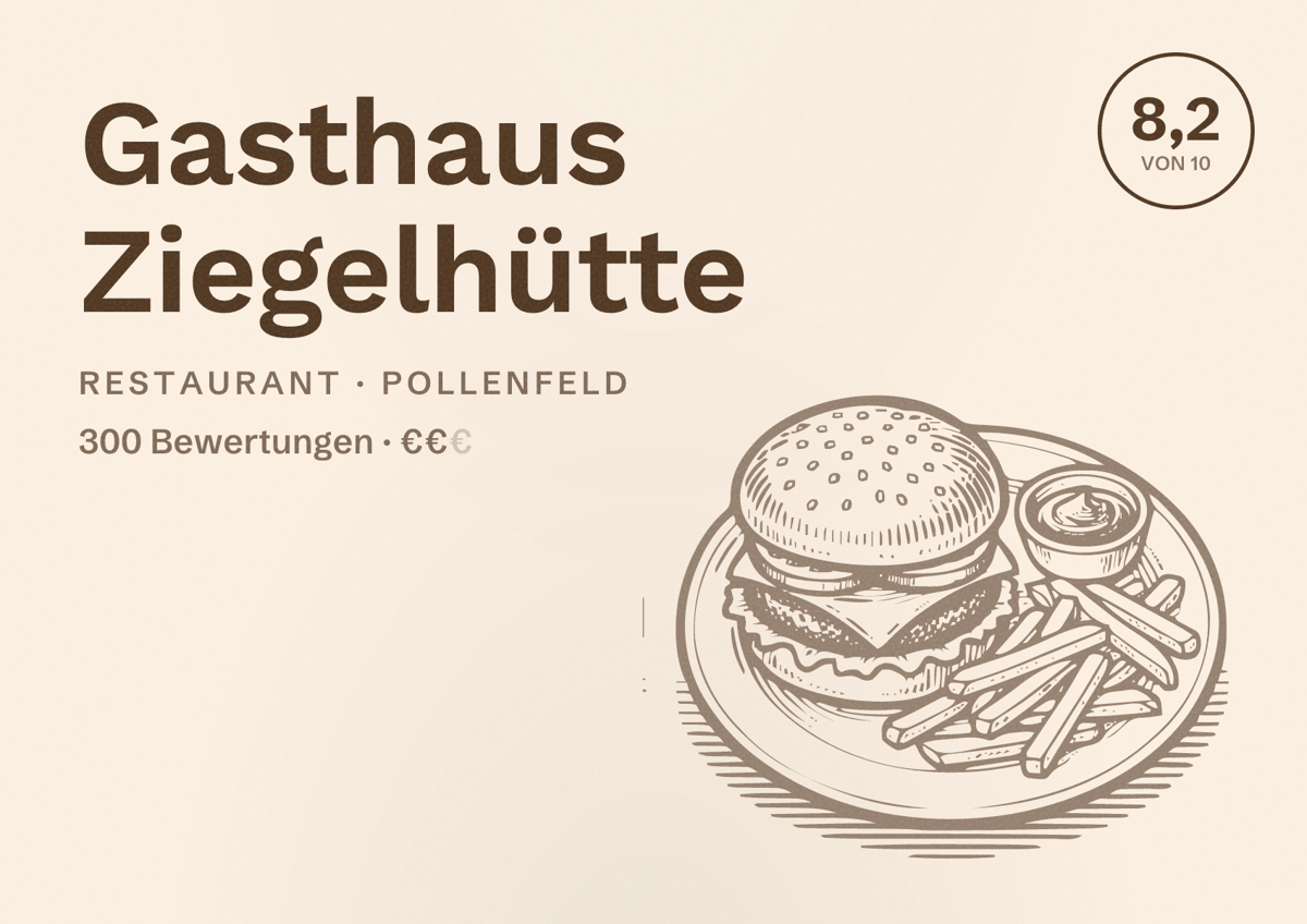 Illustriertes Poster von Gasthaus Ziegelhütte, Restaurant in Pollenfeld: Bewertung 8,2 von 10 aus 300 Bewertungen, Preisniveau €€