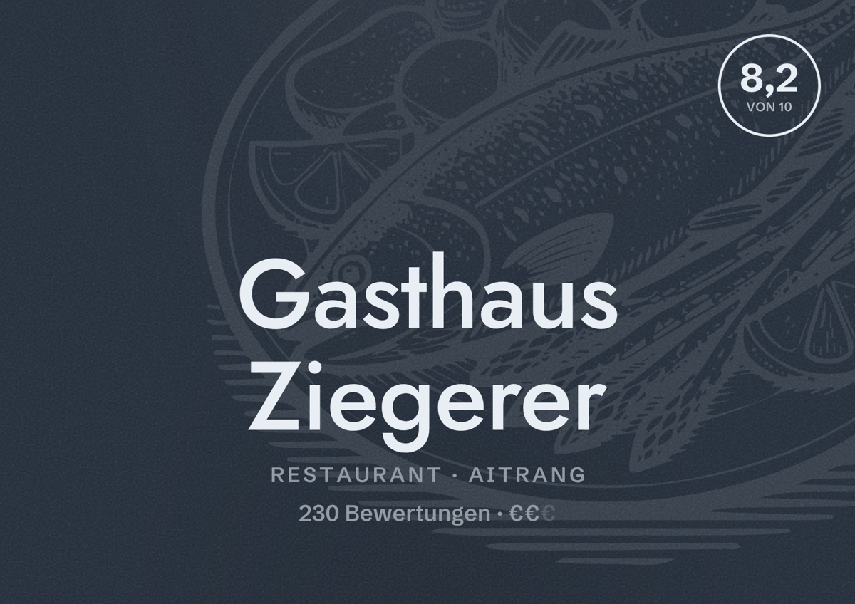 Illustriertes Poster von Gasthaus Ziegerer, Restaurant in Aitrang: Bewertung 8,2 von 10 aus 230 Bewertungen, Preisniveau €€