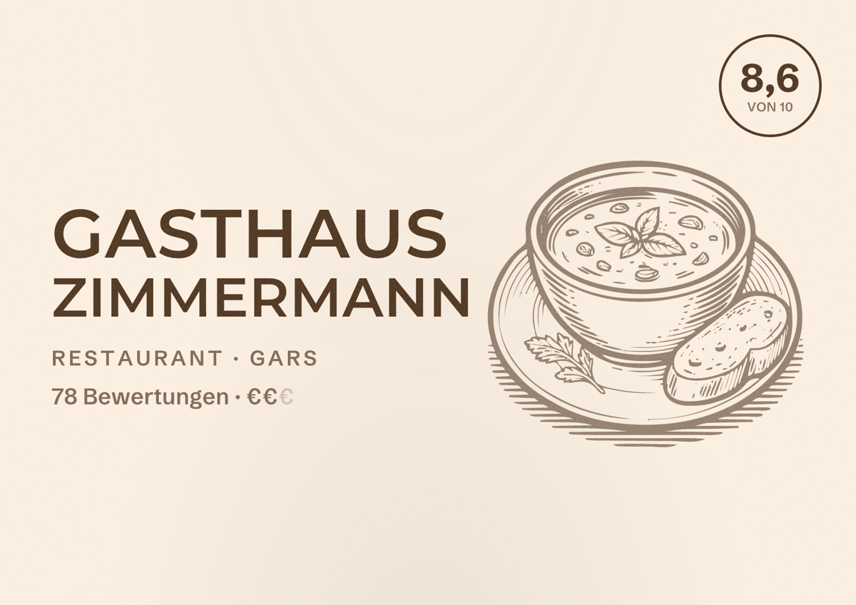Illustriertes Poster von Gasthaus Zimmermann, Restaurant in Gars: Bewertung 8,6 von 10 aus 78 Bewertungen, Preisniveau €€