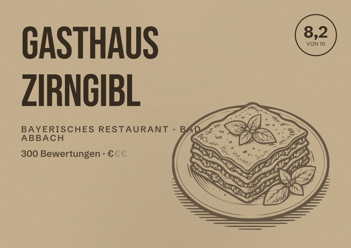Illustriertes Poster von Gasthaus Zirngibl, Bayerisches Restaurant in Bad Abbach: Bewertung 8,2 von 10 aus 300 Bewertungen, Preisniveau €