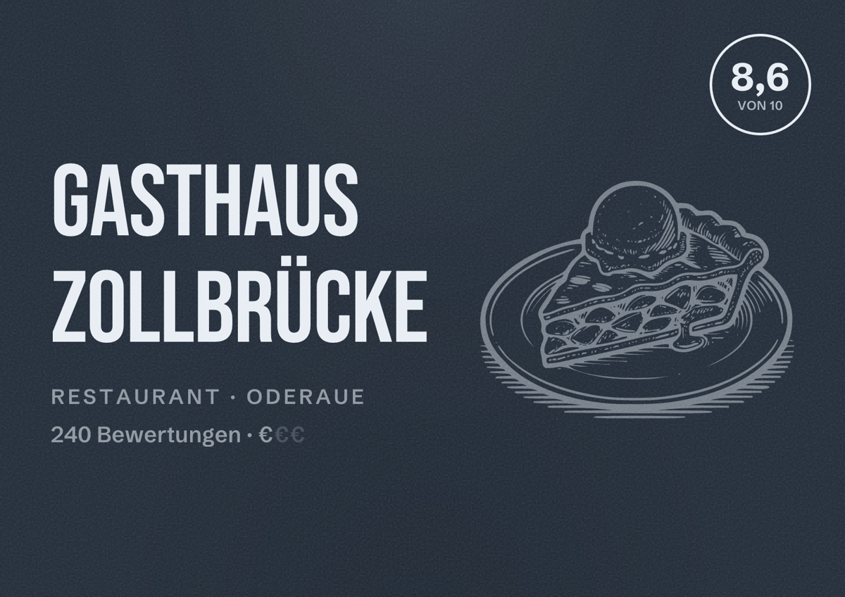 Illustriertes Poster von Gasthaus Zollbrücke, Restaurant in Oderaue: Bewertung 8,6 von 10 aus 240 Bewertungen, Preisniveau €