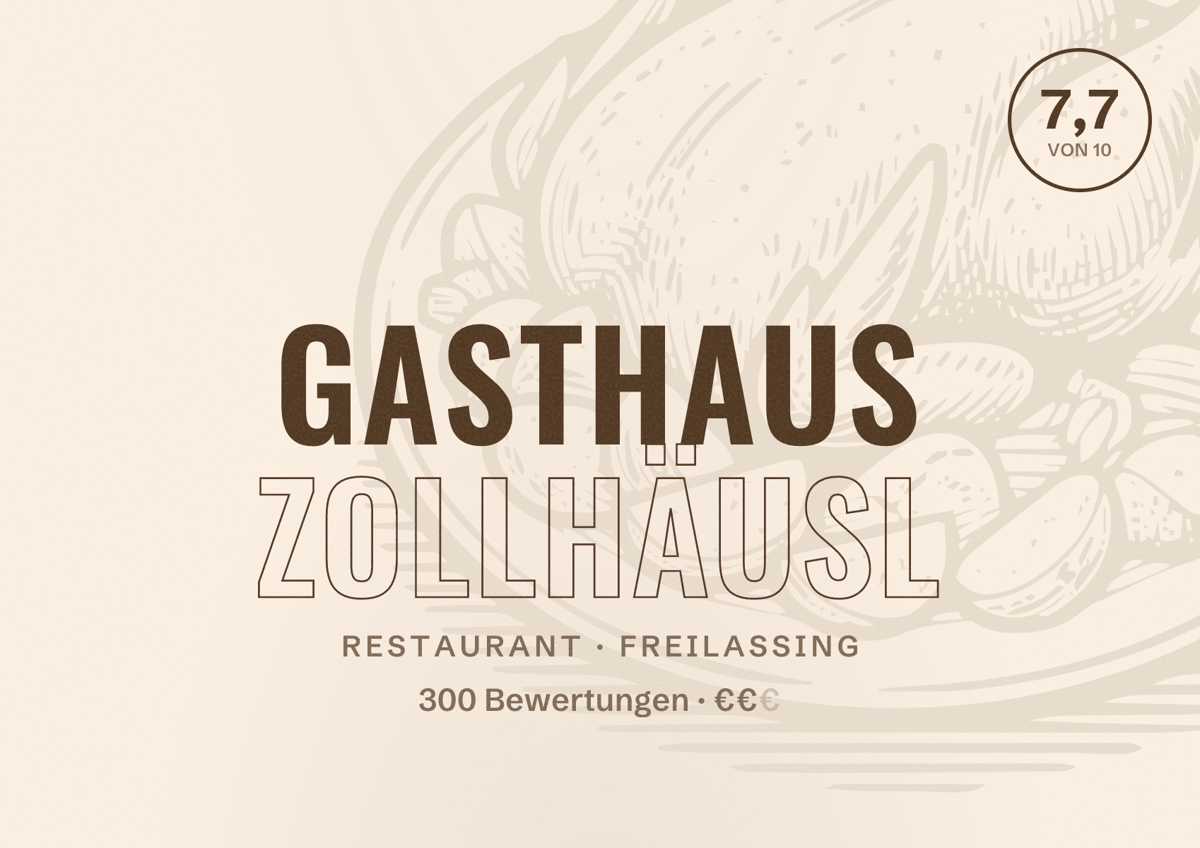 Illustriertes Poster von Gasthaus Zollhäusl, Restaurant in Freilassing: Bewertung 7,7 von 10 aus 300 Bewertungen, Preisniveau €€
