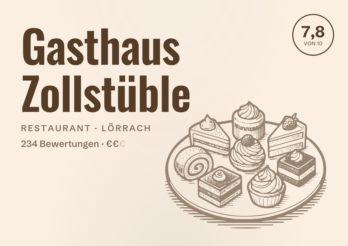 Illustriertes Poster von Gasthaus Zollstüble, Restaurant in Lörrach: Bewertung 7,8 von 10 aus 234 Bewertungen, Preisniveau €€
