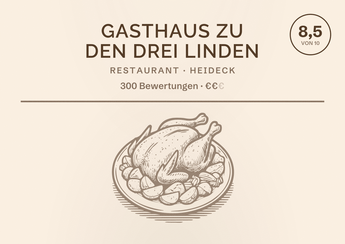 Illustriertes Poster von Gasthaus zu den Drei Linden, Restaurant in Heideck: Bewertung 8,5 von 10 aus 300 Bewertungen, Preisniveau €€