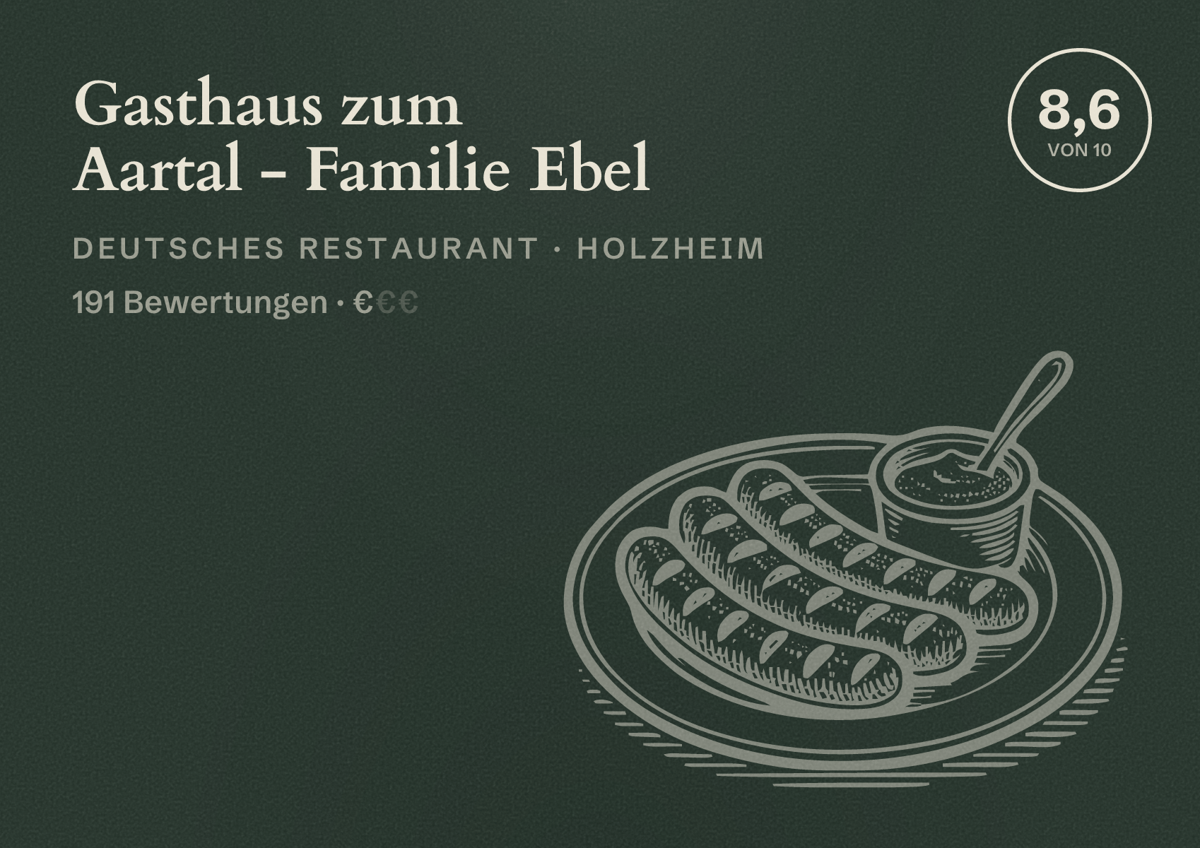 Illustriertes Poster von Gasthaus zum Aartal - Familie Ebel, Deutsches Restaurant in Holzheim: Bewertung 8,6 von 10 aus 191 Bewertungen, Preisniveau €