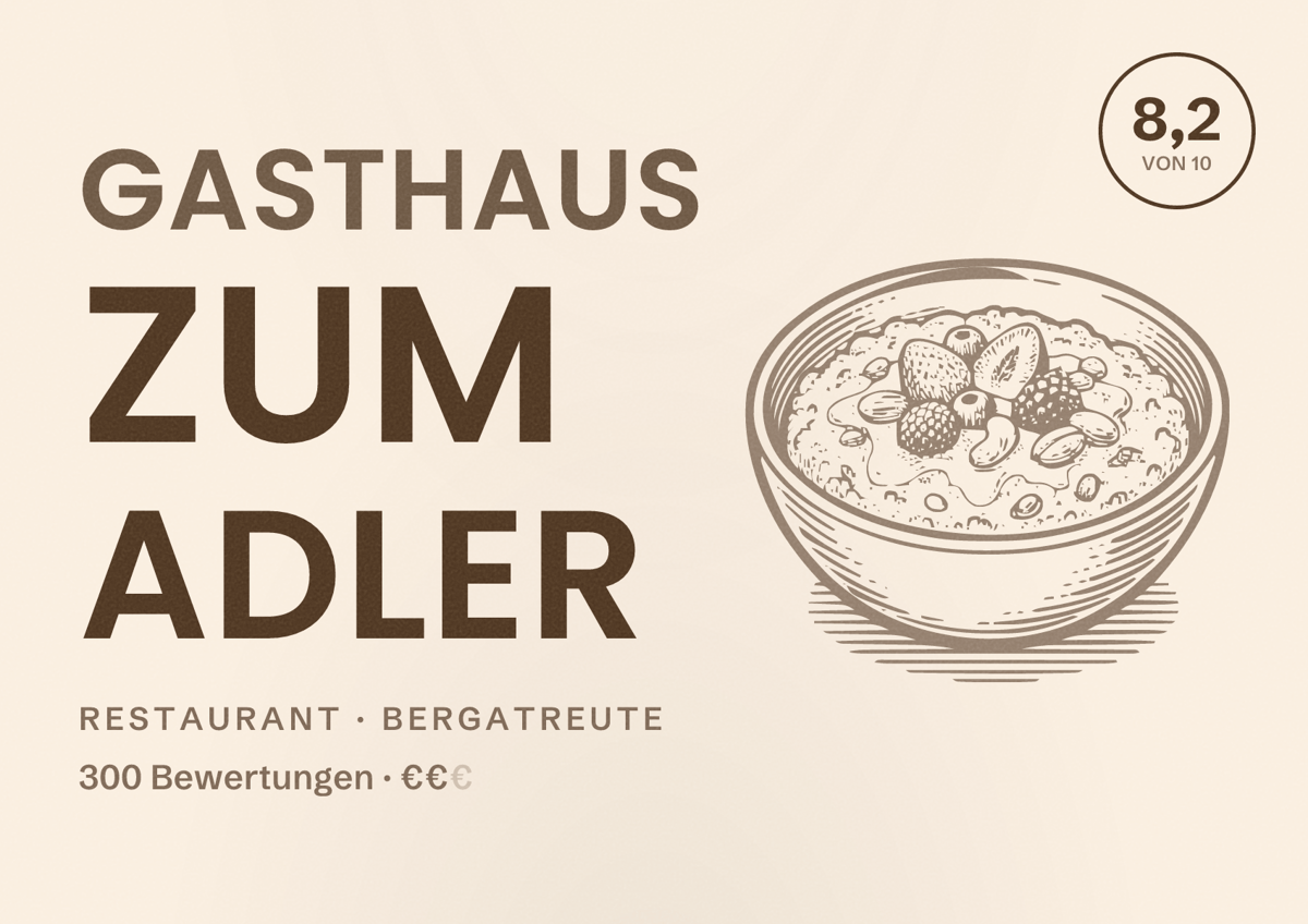 Illustriertes Poster von Gasthaus zum Adler, Restaurant in Bergatreute: Bewertung 8,2 von 10 aus 300 Bewertungen, Preisniveau €€