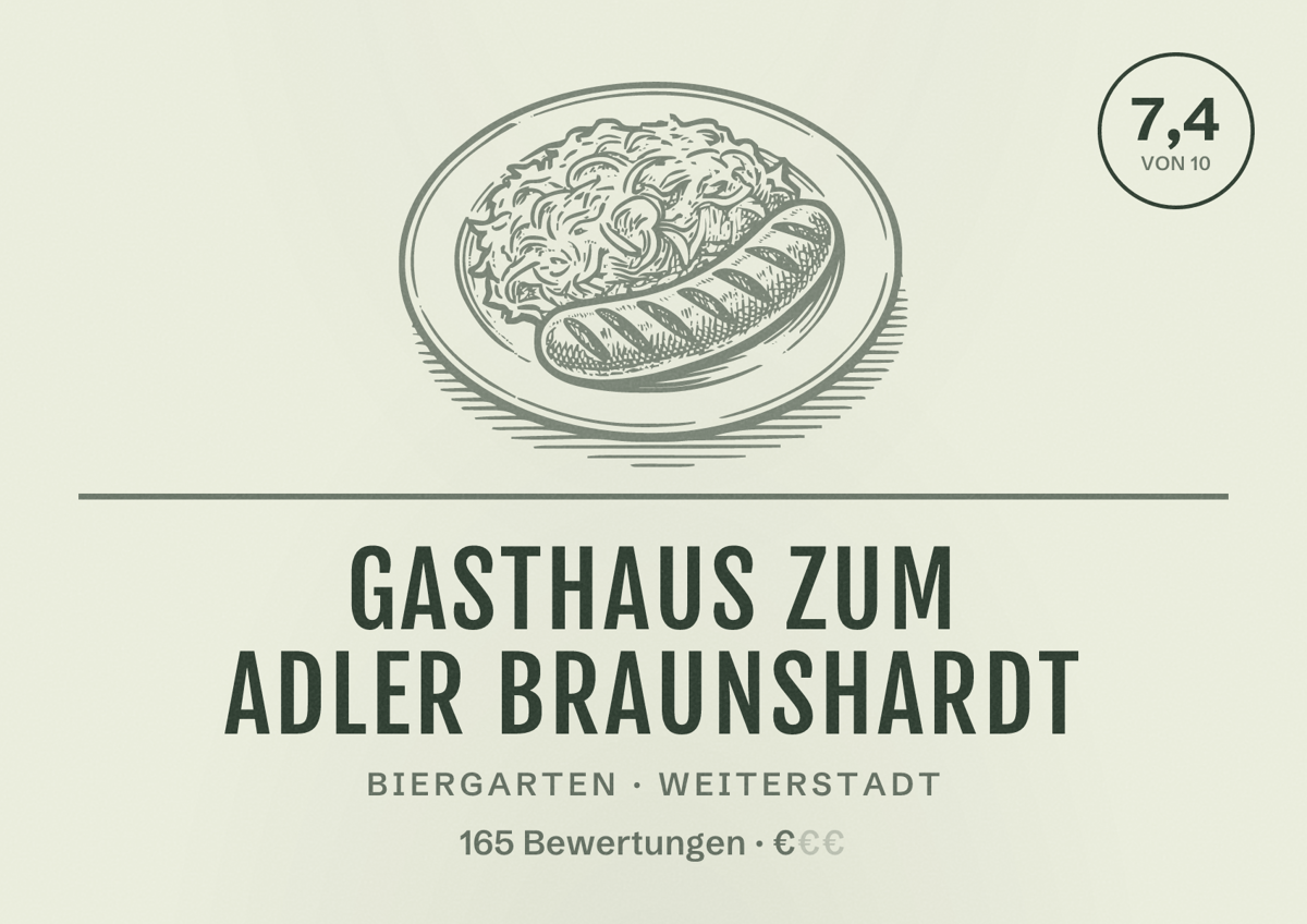 Illustriertes Poster von Gasthaus Zum Adler Braunshardt, Biergarten in Weiterstadt: Bewertung 7,4 von 10 aus 165 Bewertungen, Preisniveau €