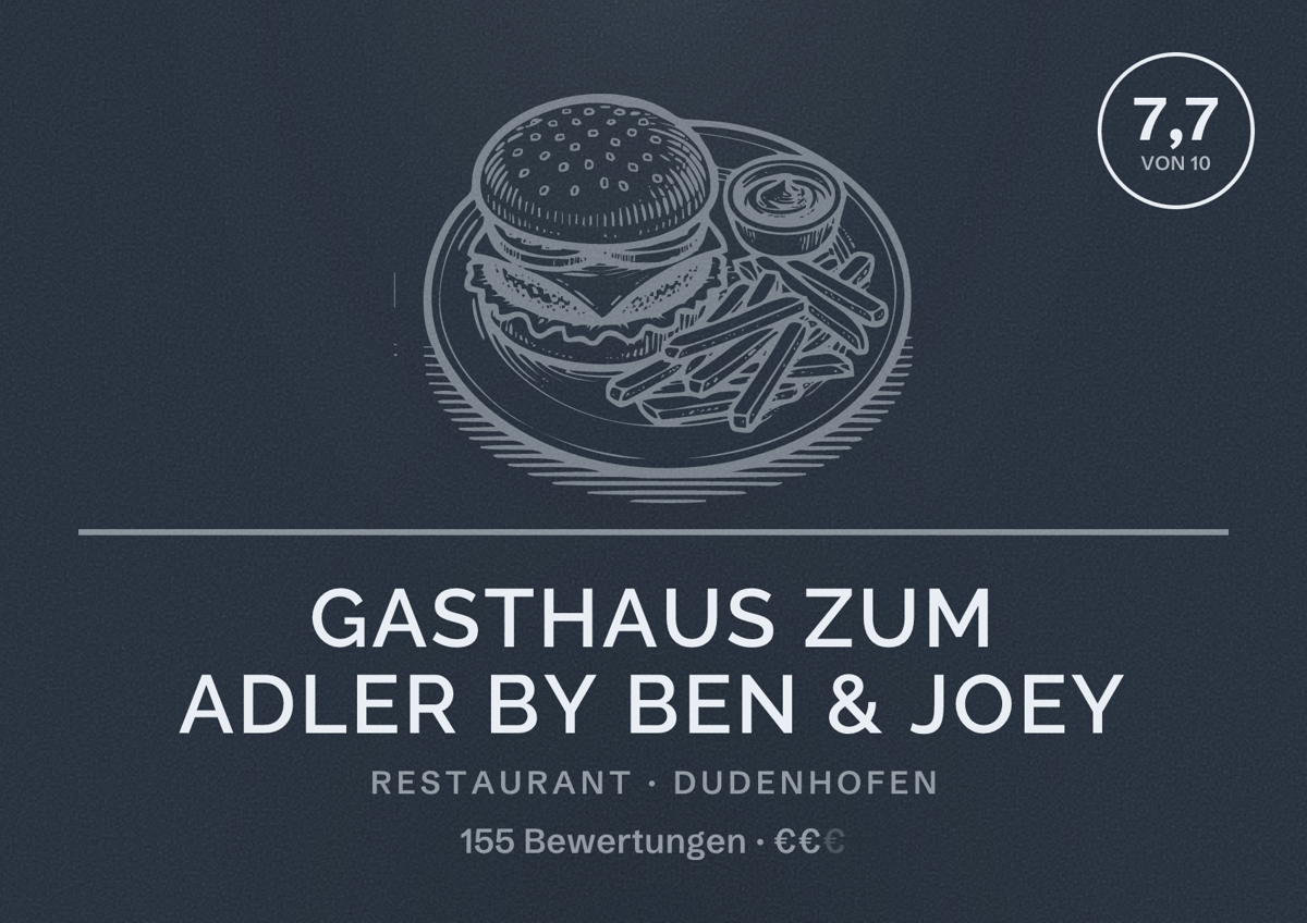 Illustriertes Poster von Gasthaus Zum Adler by Ben & Joey, Restaurant in Dudenhofen: Bewertung 7,7 von 10 aus 155 Bewertungen, Preisniveau €€