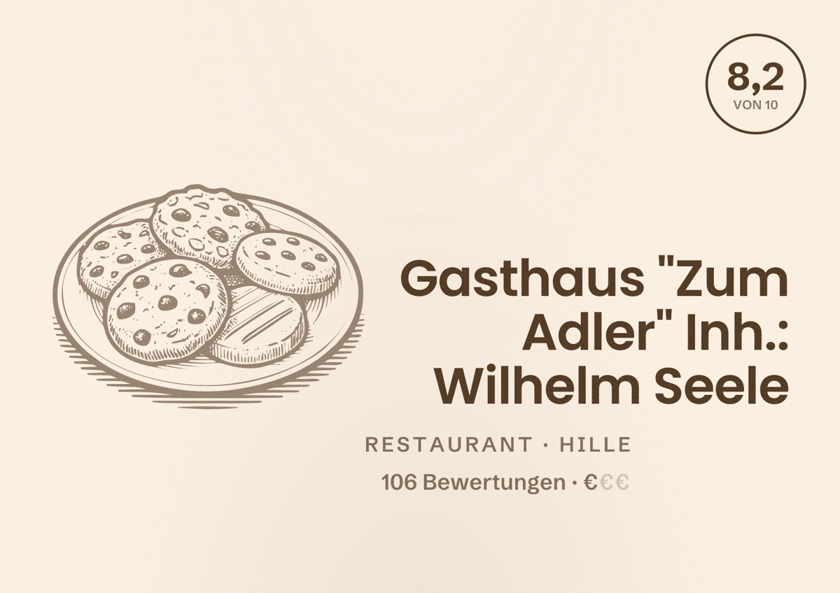 Illustriertes Poster von Gasthaus "Zum Adler" Inh.: Wilhelm Seele, Restaurant in Hille: Bewertung 8,2 von 10 aus 106 Bewertungen, Preisniveau €