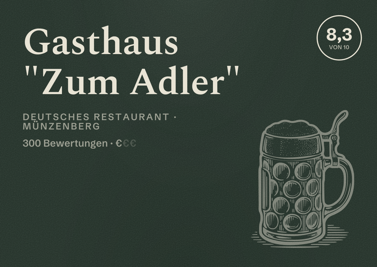 Illustriertes Poster von Gasthaus "Zum Adler", Deutsches Restaurant in Münzenberg: Bewertung 8,3 von 10 aus 300 Bewertungen, Preisniveau €