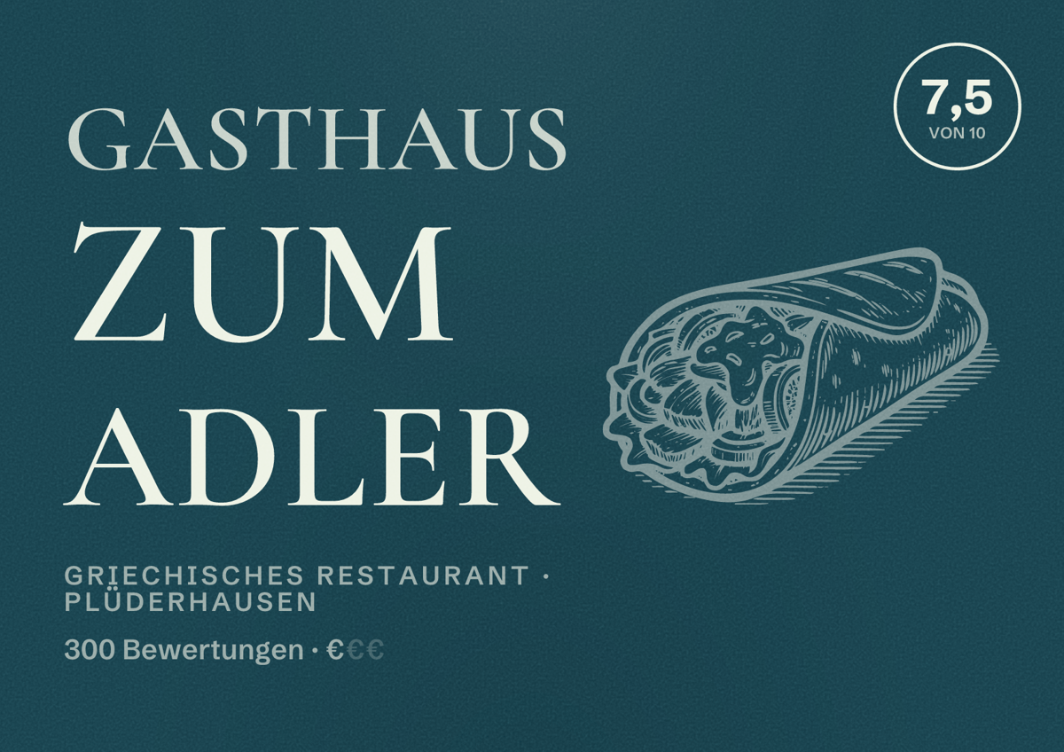 Illustriertes Poster von Gasthaus zum Adler, Griechisches Restaurant in Plüderhausen: Bewertung 7,5 von 10 aus 300 Bewertungen, Preisniveau €