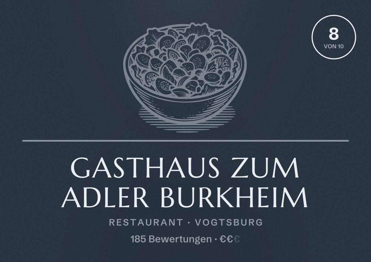 Illustriertes Poster von Gasthaus zum Adler Burkheim, Restaurant in Vogtsburg: Bewertung 8 von 10 aus 185 Bewertungen, Preisniveau €€