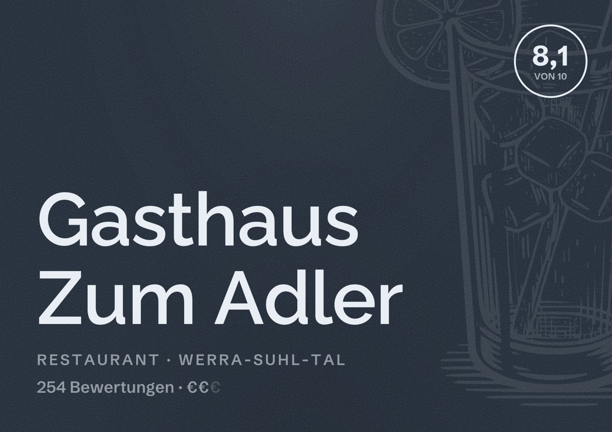 Illustriertes Poster von Gasthaus Zum Adler, Restaurant in Werra-Suhl-Tal: Bewertung 8,1 von 10 aus 254 Bewertungen, Preisniveau €€