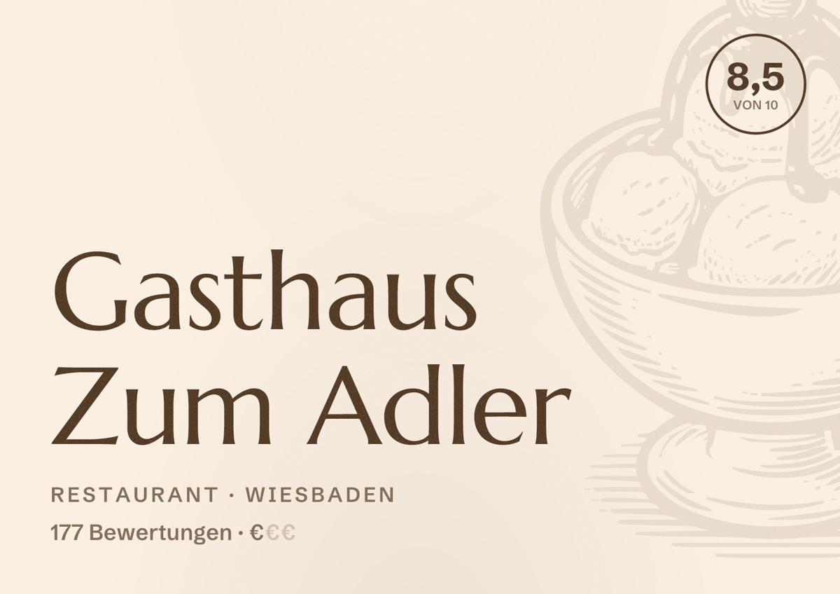 Illustriertes Poster von Gasthaus Zum Adler, Restaurant in Wiesbaden: Bewertung 8,5 von 10 aus 177 Bewertungen, Preisniveau €
