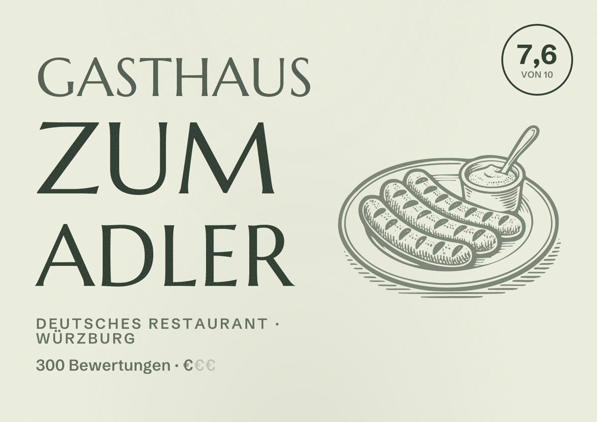 Illustriertes Poster von Gasthaus zum Adler, Deutsches Restaurant in Würzburg: Bewertung 7,6 von 10 aus 300 Bewertungen, Preisniveau €