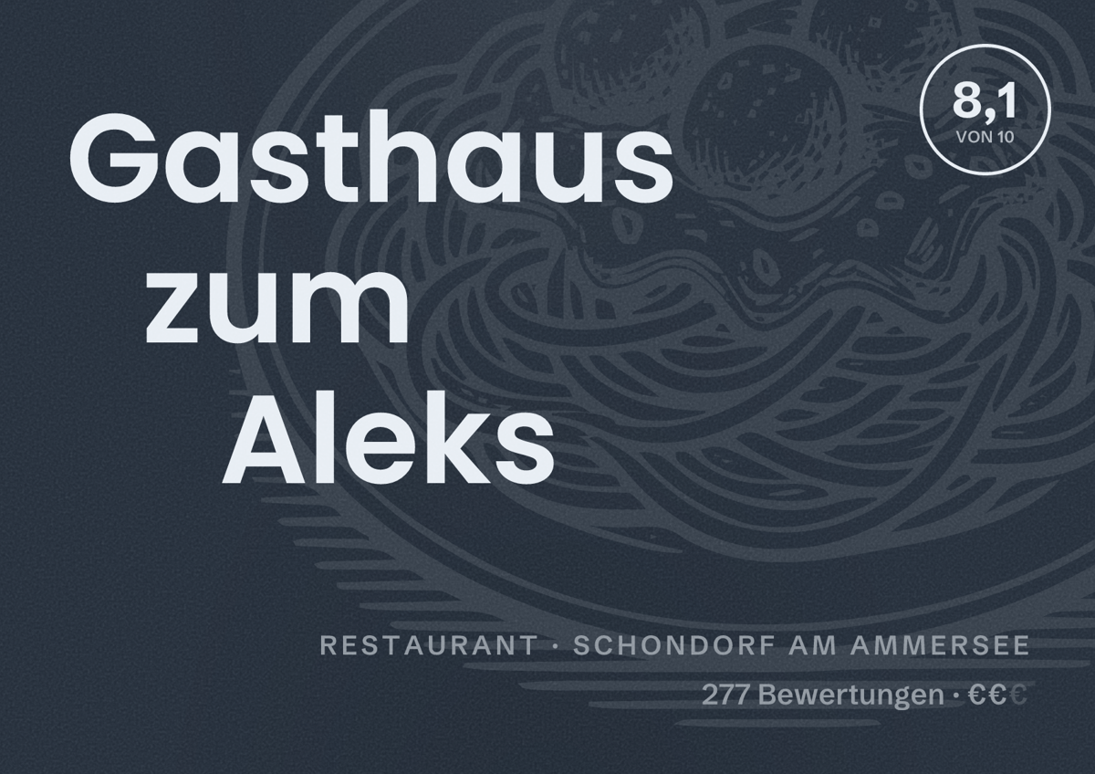 Illustriertes Poster von Gasthaus zum Aleks, Restaurant in Schondorf am Ammersee: Bewertung 8,1 von 10 aus 277 Bewertungen, Preisniveau €€