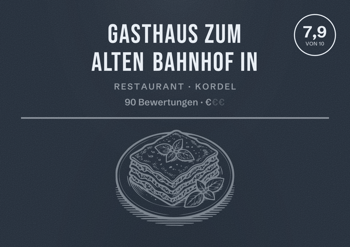 Illustriertes Poster von Gasthaus zum alten Bahnhof in, Restaurant in Kordel: Bewertung 7,9 von 10 aus 90 Bewertungen, Preisniveau €