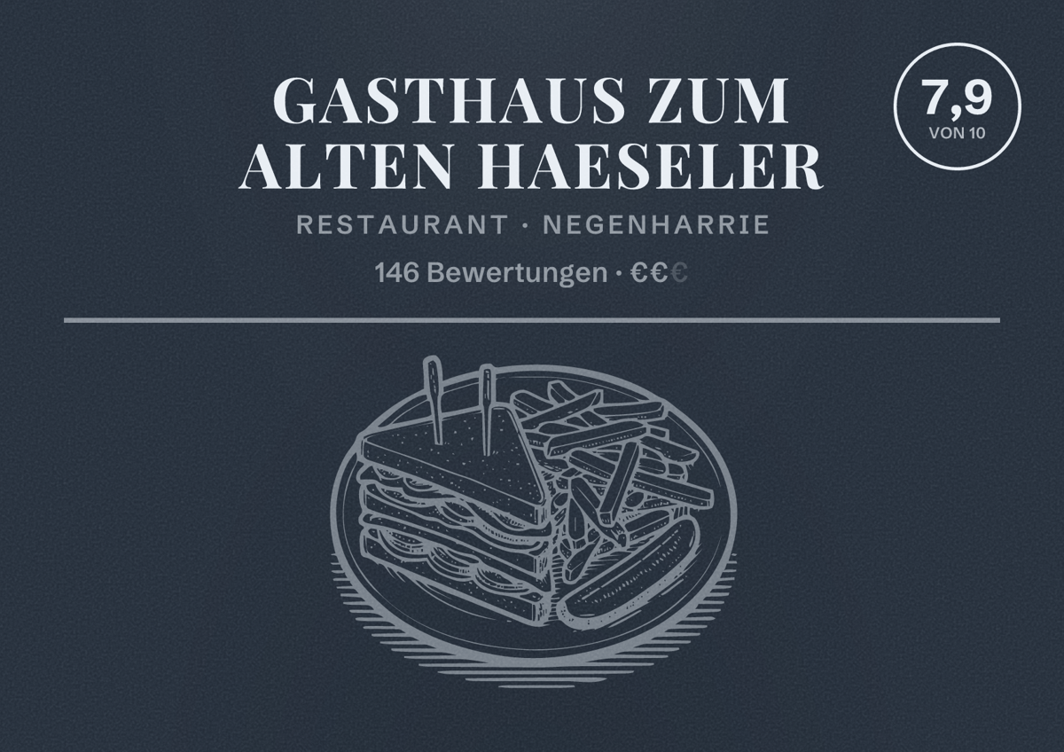 Illustriertes Poster von Gasthaus Zum Alten Haeseler, Restaurant in Negenharrie: Bewertung 7,9 von 10 aus 146 Bewertungen, Preisniveau €€