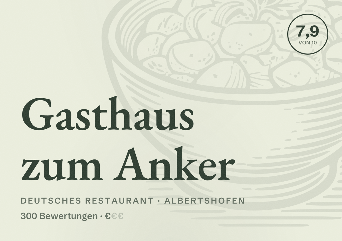 Illustriertes Poster von Gasthaus zum Anker, Deutsches Restaurant in Albertshofen: Bewertung 7,9 von 10 aus 300 Bewertungen, Preisniveau €