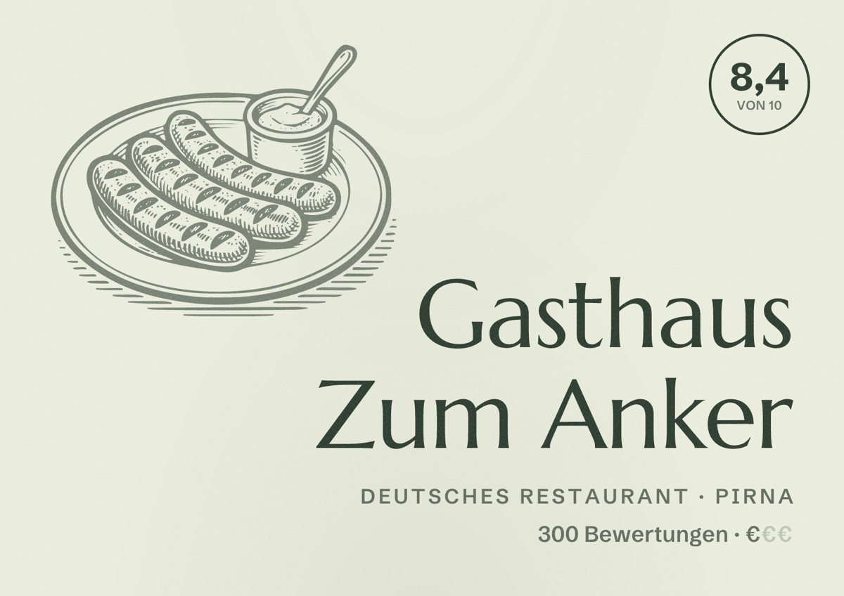 Illustriertes Poster von Gasthaus Zum Anker, Deutsches Restaurant in Pirna: Bewertung 8,4 von 10 aus 300 Bewertungen, Preisniveau €