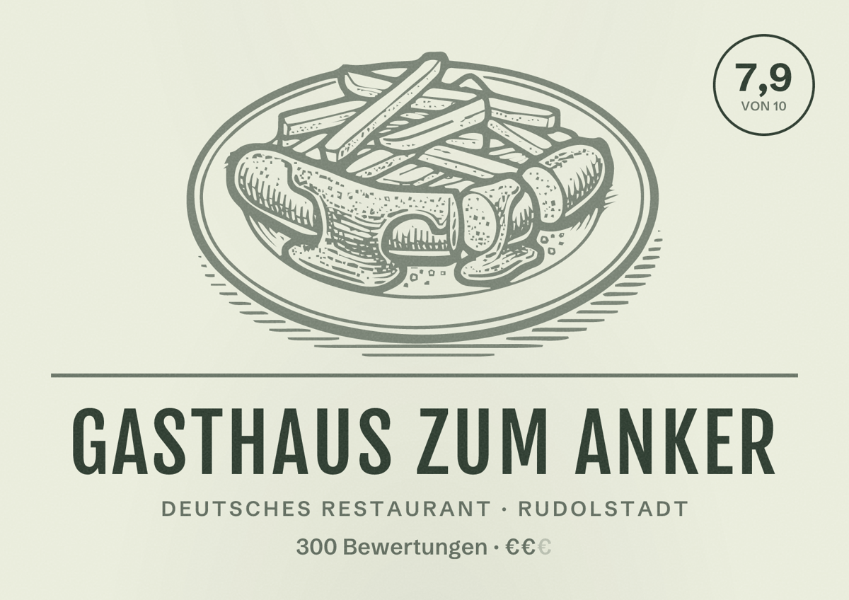 Illustriertes Poster von Gasthaus zum Anker, Deutsches Restaurant in Rudolstadt: Bewertung 7,9 von 10 aus 300 Bewertungen, Preisniveau €€