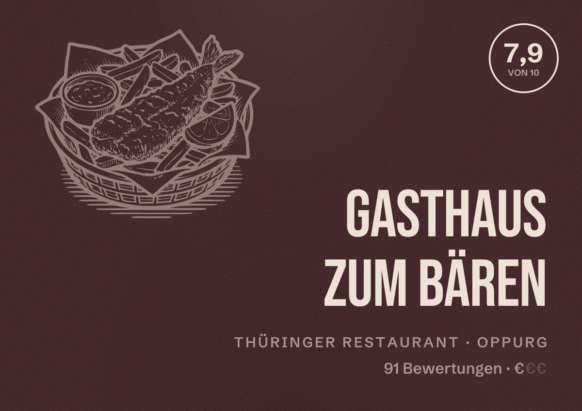 Illustriertes Poster von Gasthaus Zum Bären, Thüringer Restaurant in Oppurg: Bewertung 7,9 von 10 aus 91 Bewertungen, Preisniveau €